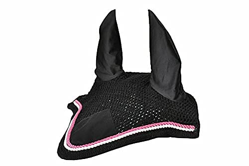 Horse Fly Bonnet Double Piping Ear Net Fly Veil Mask Breathable Cotton Crochet Horse Tack (Pony, Black 7)